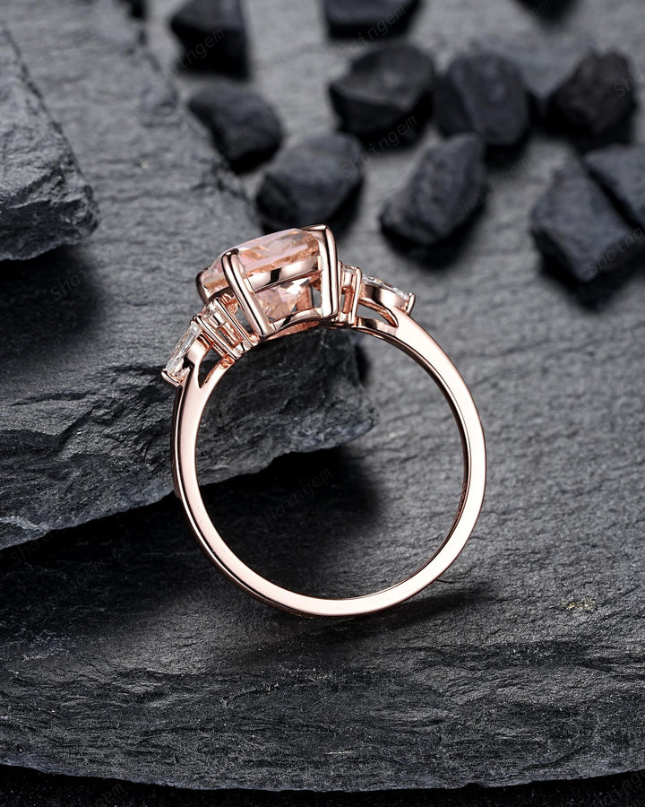 Oval Shape Pink Morganite Engagement Ring Set, Vintage 10K 14K 18K Rose Gold Bridal Set, Unique Wedding Set Promise Ring, Platinum Rings - ShainJewelry