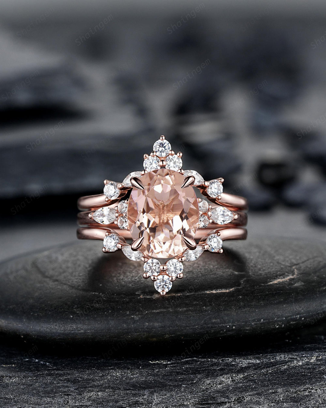 Oval Shape Pink Morganite Engagement Ring Set, Vintage 10K 14K 18K Rose Gold Bridal Set, Unique Wedding Set Promise Ring, Platinum Rings - ShainJewelry