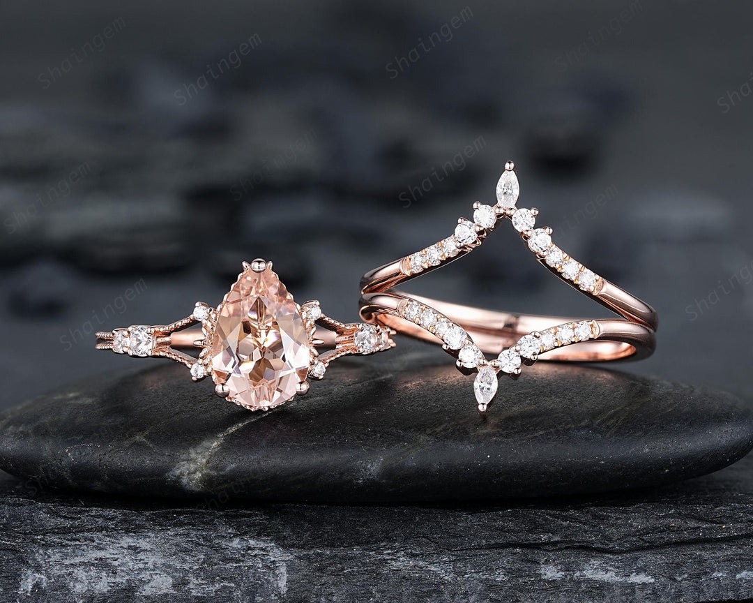Pear Shape Pink Morganite Engagement Ring Set, Solid Rose Gold Bridal Set, Unique Split Shank Wedding Set Promise Ring, Platinum Rings - ShainJewelry