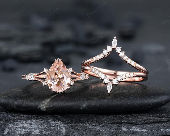 Pear Shape Pink Morganite Engagement Ring Set, Solid Rose Gold Bridal Set, Unique Split Shank Wedding Set Promise Ring, Platinum Rings - ShainJewelry