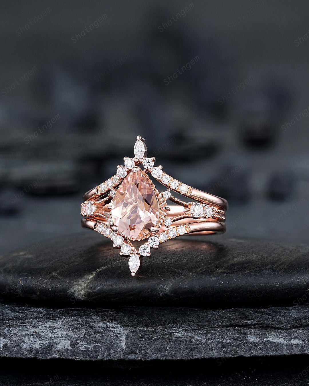 Pear Shape Pink Morganite Engagement Ring Set, Solid Rose Gold Bridal Set, Unique Split Shank Wedding Set Promise Ring, Platinum Rings - ShainJewelry