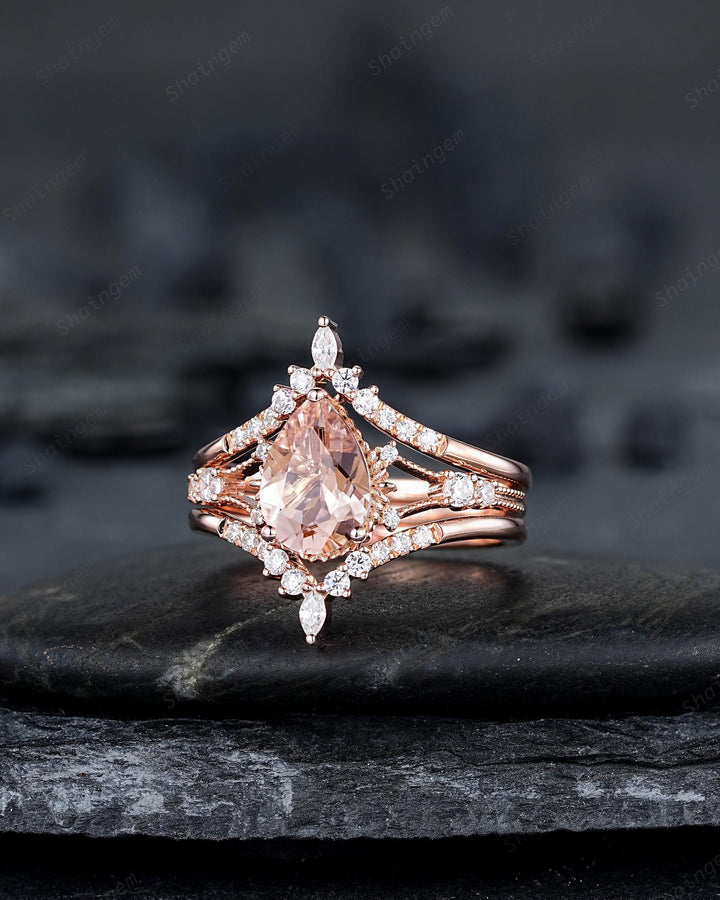 Pear Shape Pink Morganite Engagement Ring Set, Solid Rose Gold Bridal Set, Unique Split Shank Wedding Set Promise Ring, Platinum Rings - ShainJewelry