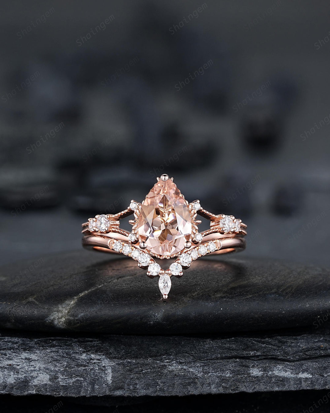 Pear Shape Pink Morganite Engagement Ring Set, Solid Rose Gold Bridal Set, Unique Split Shank Wedding Set Promise Ring, Platinum Rings - ShainJewelry