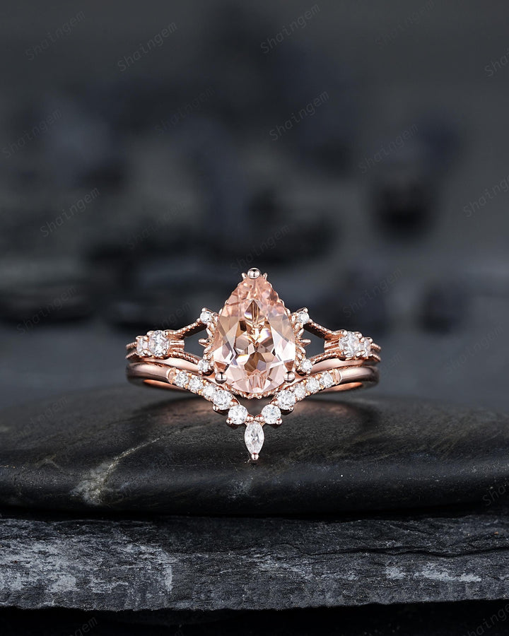 Pear Shape Pink Morganite Engagement Ring Set, Solid Rose Gold Bridal Set, Unique Split Shank Wedding Set Promise Ring, Platinum Rings - ShainJewelry