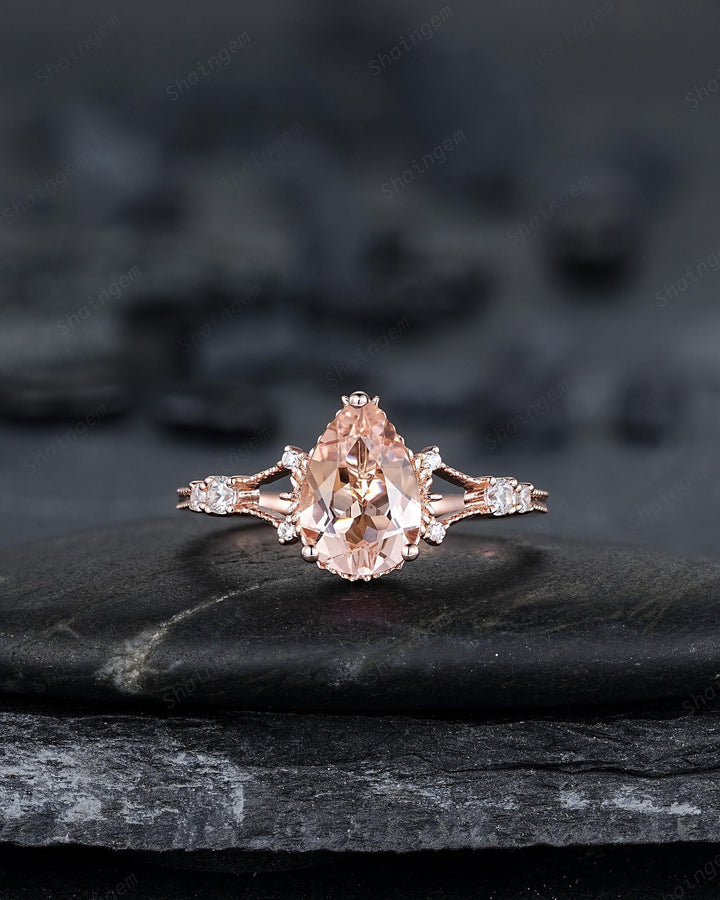 Pear Shape Pink Morganite Engagement Ring Set, Solid Rose Gold Bridal Set, Unique Split Shank Wedding Set Promise Ring, Platinum Rings - ShainJewelry