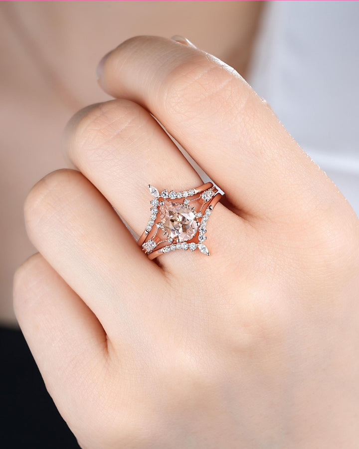 Pear Shape Pink Morganite Engagement Ring Set, Solid Rose Gold Bridal Set, Unique Split Shank Wedding Set Promise Ring, Platinum Rings - ShainJewelry