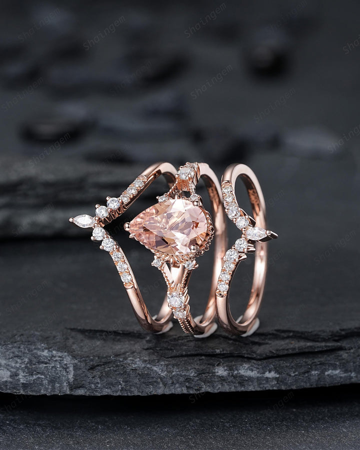 Pear Shape Pink Morganite Engagement Ring Set, Solid Rose Gold Bridal Set, Unique Split Shank Wedding Set Promise Ring, Platinum Rings - ShainJewelry