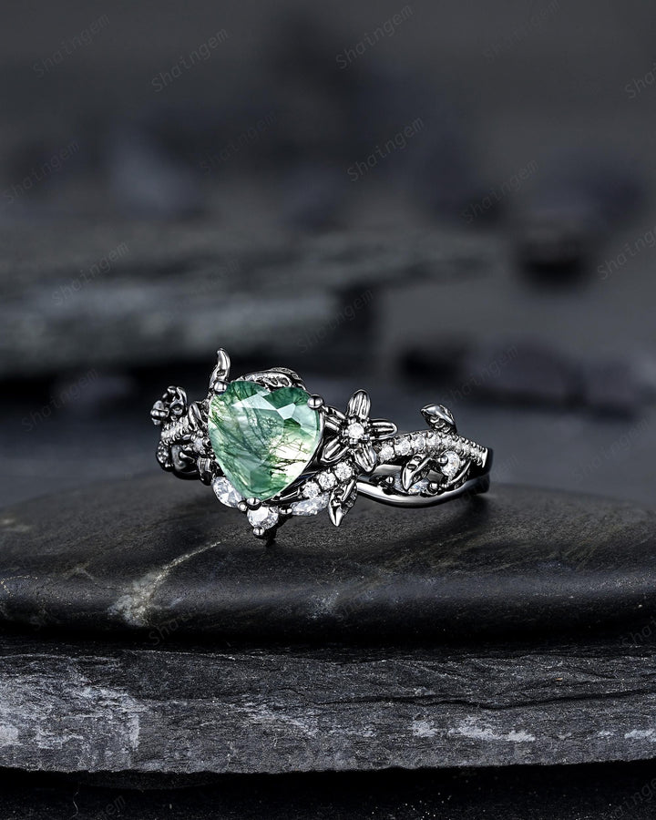 Gothic Heart Shape Moss Agate Engagement Ring Set, Black Rhodium Twig Branch Promise Ring, Floral Wedding Ring, Black Gold Rose Flower Leaf - ShainJewelry