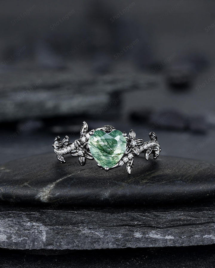 Gothic Heart Shape Moss Agate Engagement Ring Set, Black Rhodium Twig Branch Promise Ring, Floral Wedding Ring, Black Gold Rose Flower Leaf - ShainJewelry