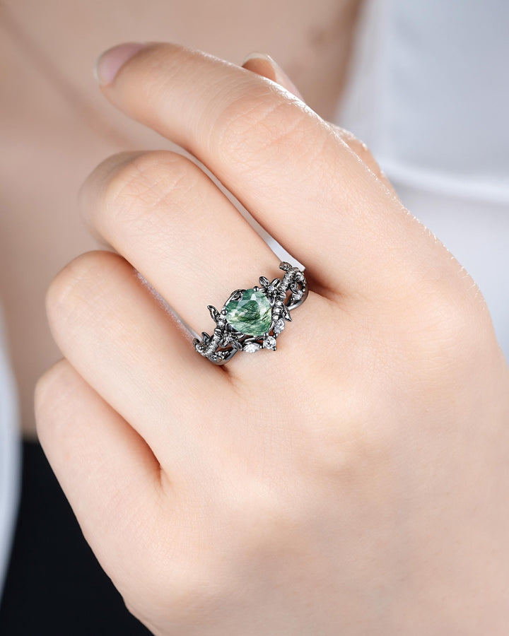 Gothic Heart Shape Moss Agate Engagement Ring Set, Black Rhodium Twig Branch Promise Ring, Floral Wedding Ring, Black Gold Rose Flower Leaf - ShainJewelry
