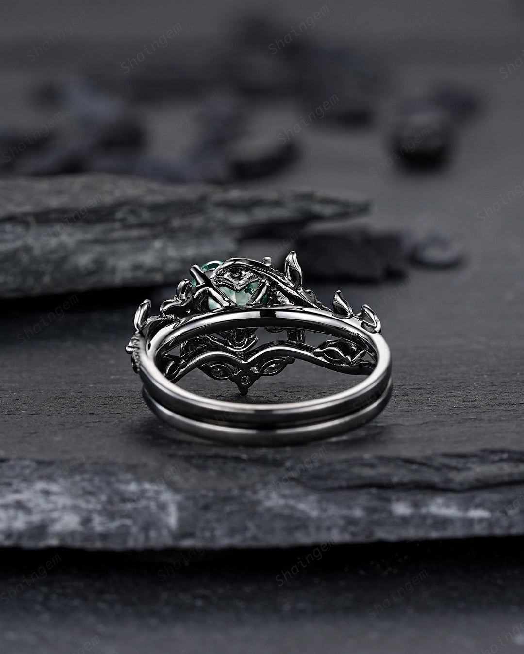 Gothic Heart Shape Moss Agate Engagement Ring Set, Black Rhodium Twig Branch Promise Ring, Floral Wedding Ring, Black Gold Rose Flower Leaf - ShainJewelry