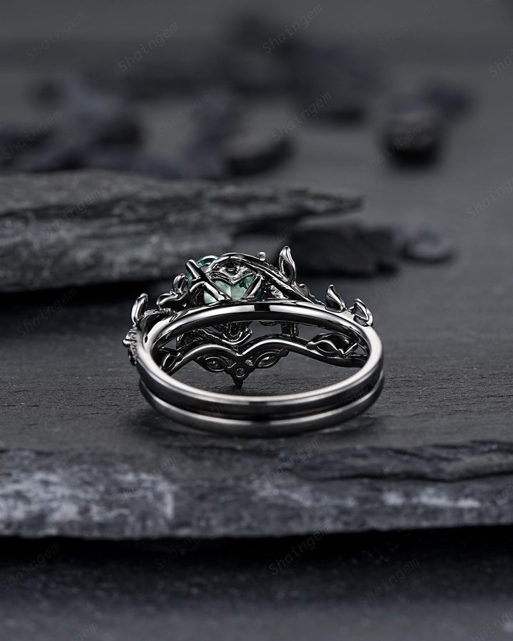 Gothic Heart Shape Moss Agate Engagement Ring Set, Black Rhodium Twig Branch Promise Ring, Floral Wedding Ring, Black Gold Rose Flower Leaf - ShainJewelry