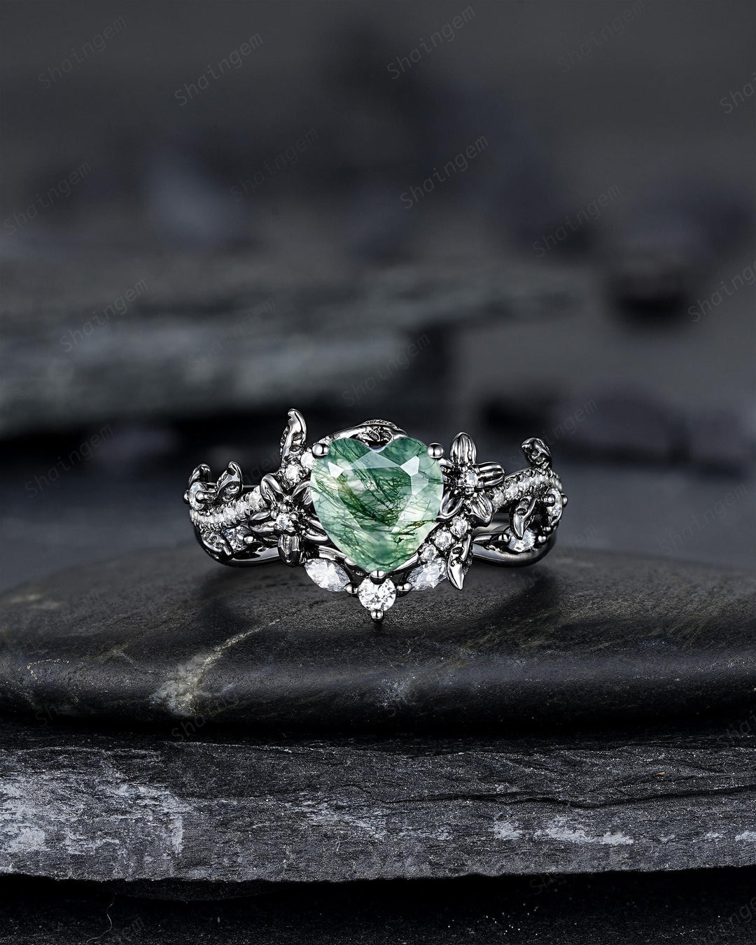 Gothic Heart Shape Moss Agate Engagement Ring Set, Black Rhodium Twig Branch Promise Ring, Floral Wedding Ring, Black Gold Rose Flower Leaf - ShainJewelry