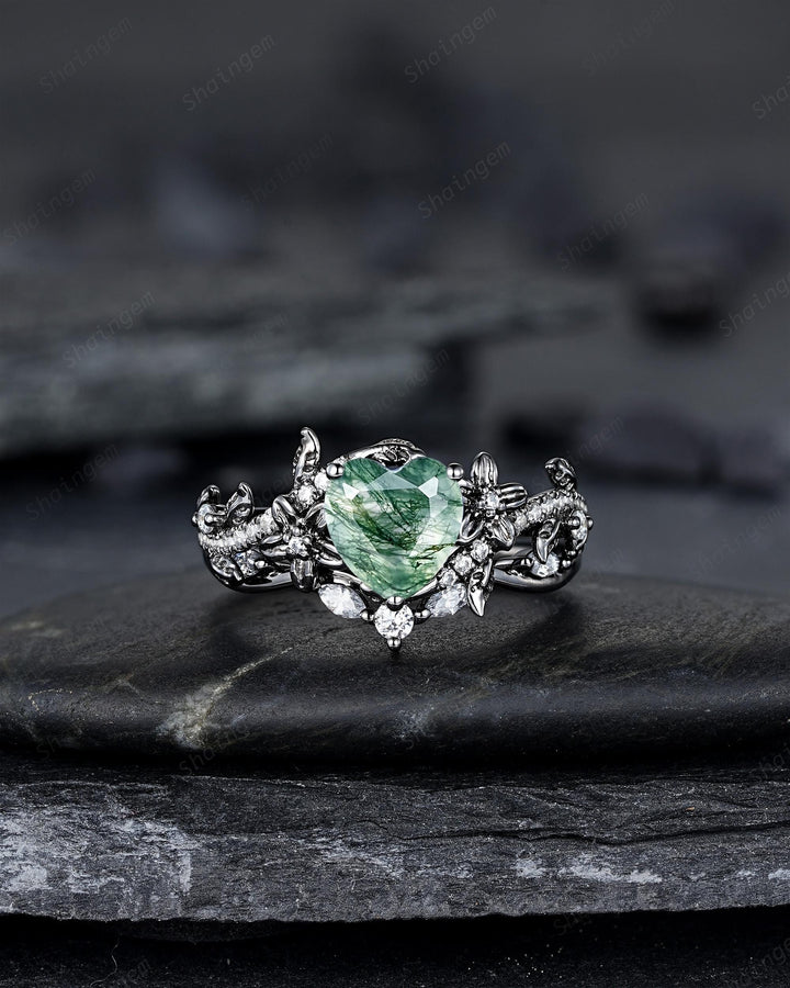 Gothic Heart Shape Moss Agate Engagement Ring Set, Black Rhodium Twig Branch Promise Ring, Floral Wedding Ring, Black Gold Rose Flower Leaf - ShainJewelry