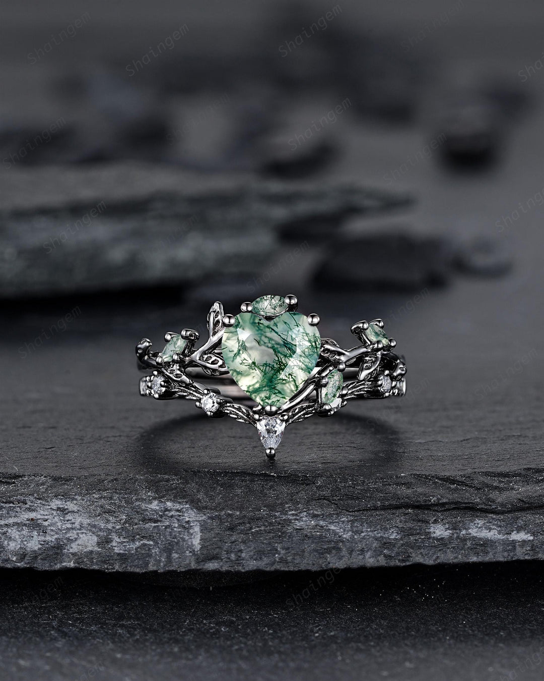Gothic Heart Shape Moss Agate Engagement Ring Set, Black Rhodium Twig Branch Promise Ring, Vine Wedding Ring, Goth Black Gold Leaf Rings - ShainJewelry
