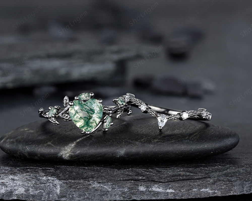 Gothic Heart Shape Moss Agate Engagement Ring Set, Black Rhodium Twig Branch Promise Ring, Vine Wedding Ring, Goth Black Gold Leaf Rings - ShainJewelry