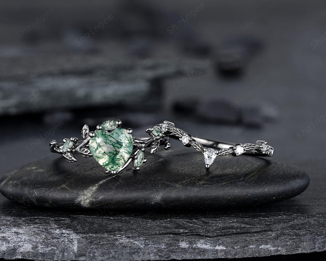 Gothic Heart Shape Moss Agate Engagement Ring Set, Black Rhodium Twig Branch Promise Ring, Vine Wedding Ring, Goth Black Gold Leaf Rings - ShainJewelry