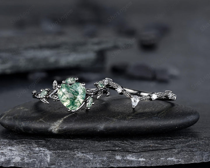 Gothic Heart Shape Moss Agate Engagement Ring Set, Black Rhodium Twig Branch Promise Ring, Vine Wedding Ring, Goth Black Gold Leaf Rings - ShainJewelry