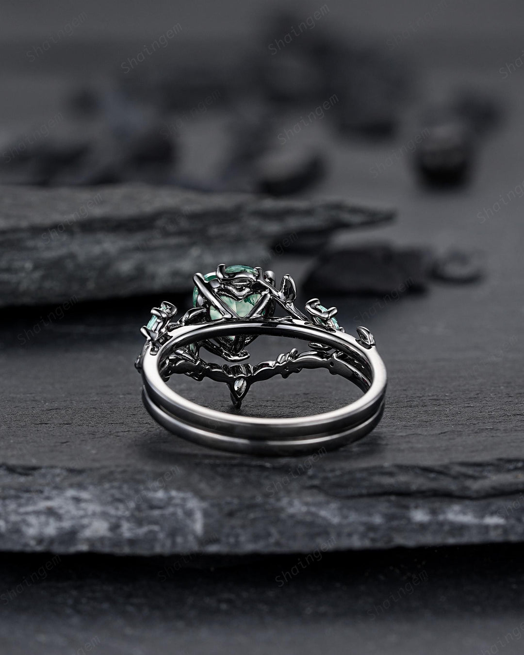 Gothic Heart Shape Moss Agate Engagement Ring Set, Black Rhodium Twig Branch Promise Ring, Vine Wedding Ring, Goth Black Gold Leaf Rings - ShainJewelry