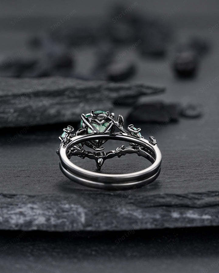 Gothic Heart Shape Moss Agate Engagement Ring Set, Black Rhodium Twig Branch Promise Ring, Vine Wedding Ring, Goth Black Gold Leaf Rings - ShainJewelry
