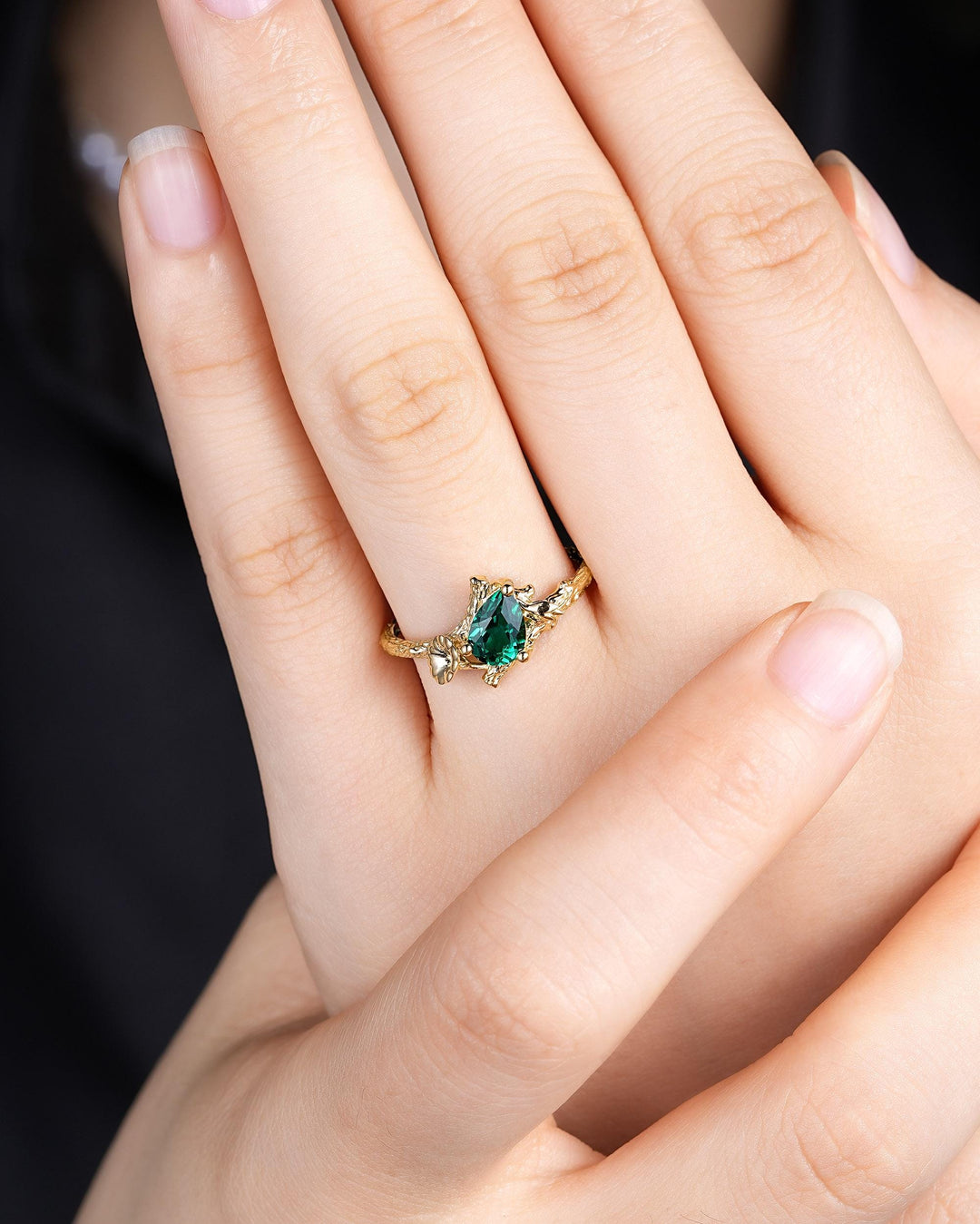 Pear Shape Emerald Solitaire Engagement Ring, Morning Glory September Birth Flower, Yellow Gold Leaf Solitary Promise Ring, May Birthstone - ShainJewelry