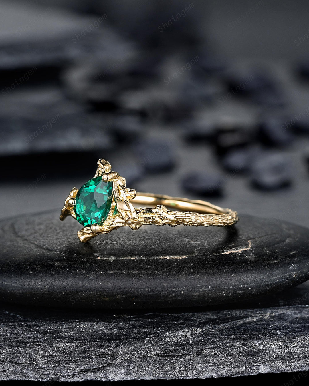 Pear Shape Emerald Solitaire Engagement Ring, Morning Glory September Birth Flower, Yellow Gold Leaf Solitary Promise Ring, May Birthstone - ShainJewelry