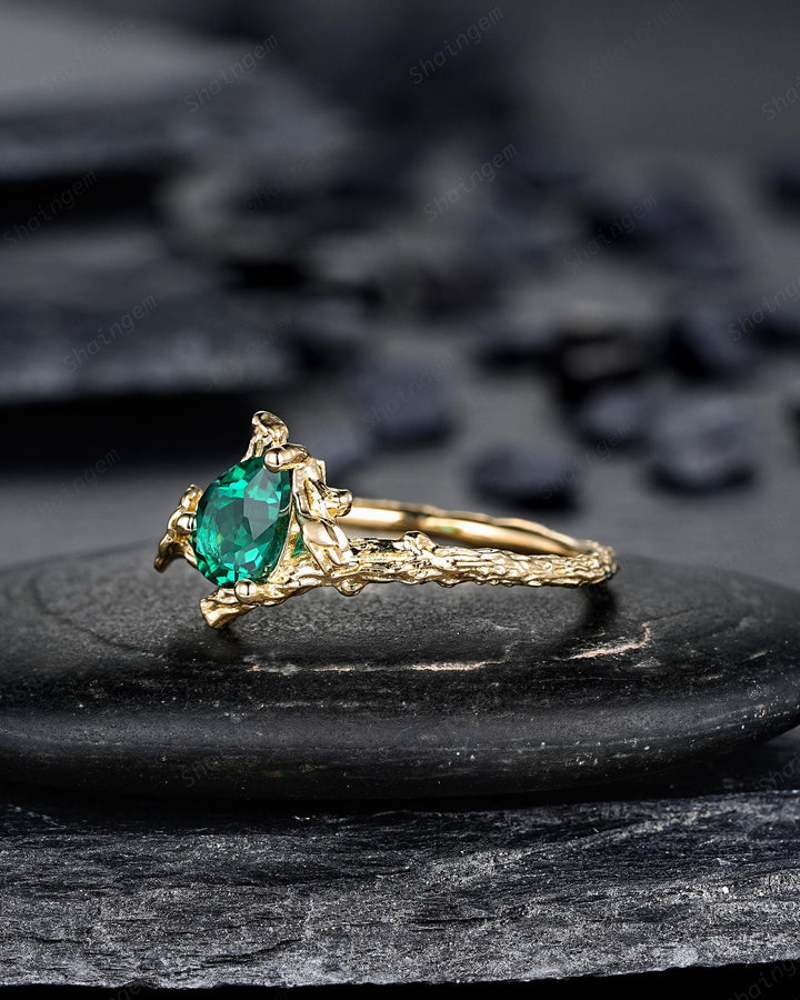 Pear Shape Emerald Solitaire Engagement Ring, Morning Glory September Birth Flower, Yellow Gold Leaf Solitary Promise Ring, May Birthstone - ShainJewelry