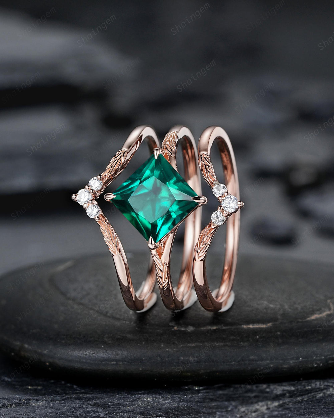 3PCS Princess Cut Emerald Solitaire Engagement Ring Set, Engraved Leaf Nature Inspired Wedding Set Rose Gold Promise Rings, May Birthstone - ShainJewelry