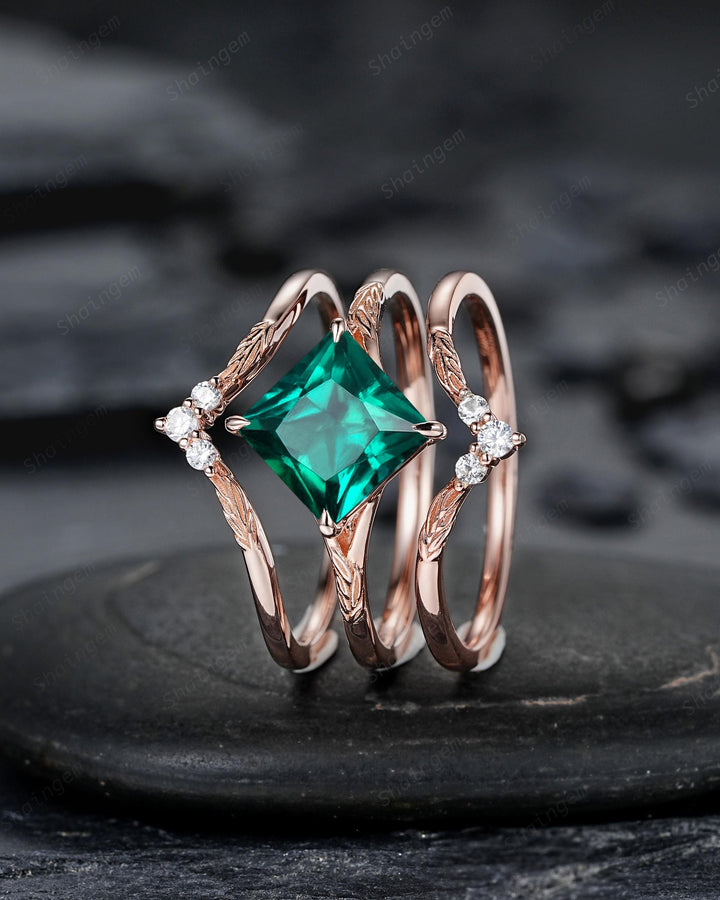 3PCS Princess Cut Emerald Solitaire Engagement Ring Set, Engraved Leaf Nature Inspired Wedding Set Rose Gold Promise Rings, May Birthstone - ShainJewelry