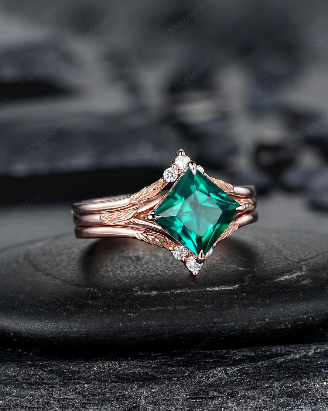 3PCS Princess Cut Emerald Solitaire Engagement Ring Set, Engraved Leaf Nature Inspired Wedding Set Rose Gold Promise Rings, May Birthstone - ShainJewelry