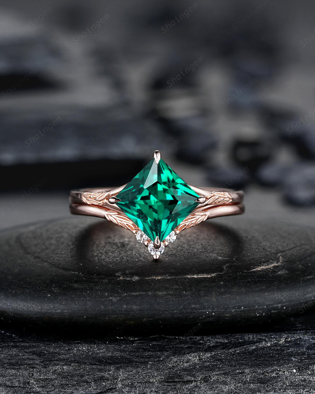 3PCS Princess Cut Emerald Solitaire Engagement Ring Set, Engraved Leaf Nature Inspired Wedding Set Rose Gold Promise Rings, May Birthstone - ShainJewelry