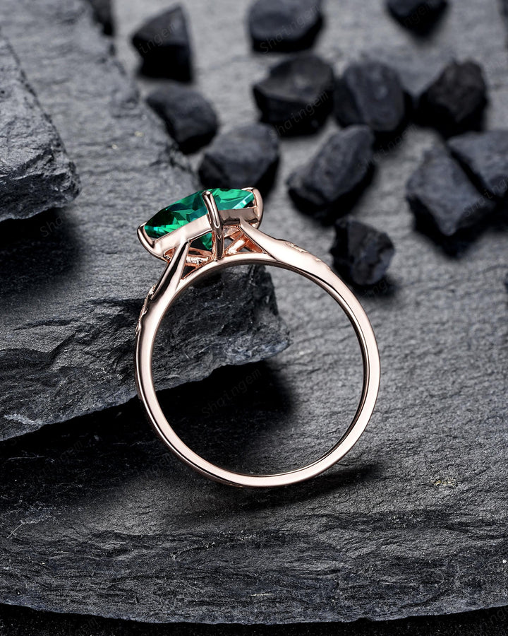 3PCS Princess Cut Emerald Solitaire Engagement Ring Set, Engraved Leaf Nature Inspired Wedding Set Rose Gold Promise Rings, May Birthstone - ShainJewelry