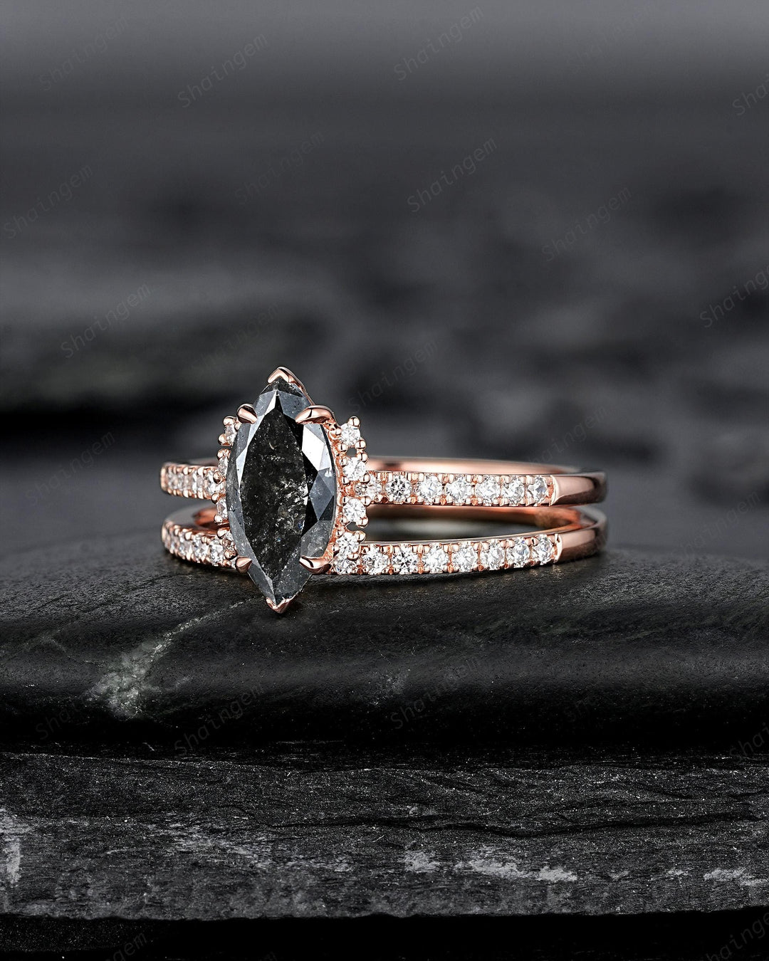 Marquise Salt and Pepper Diamond Engagement Ring Set, Solid Rose Gold Black Diamond Promise Ring, Gray Diamond Wedding Ring, Half Eternity - ShainJewelry