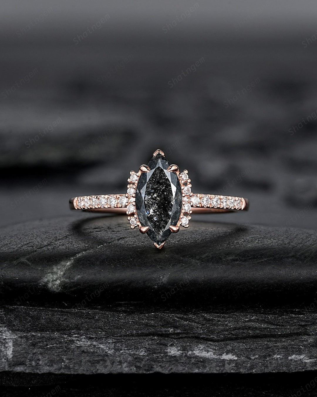 Marquise Salt and Pepper Diamond Engagement Ring Set, Solid Rose Gold Black Diamond Promise Ring, Gray Diamond Wedding Ring, Half Eternity - ShainJewelry