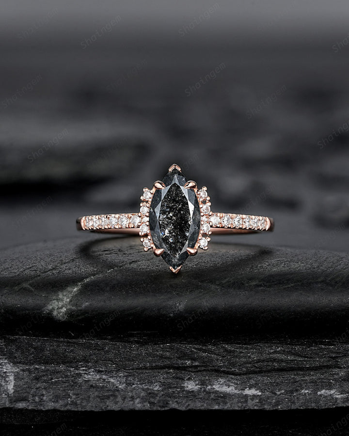 Marquise Salt and Pepper Diamond Engagement Ring Set, Solid Rose Gold Black Diamond Promise Ring, Gray Diamond Wedding Ring, Half Eternity - ShainJewelry