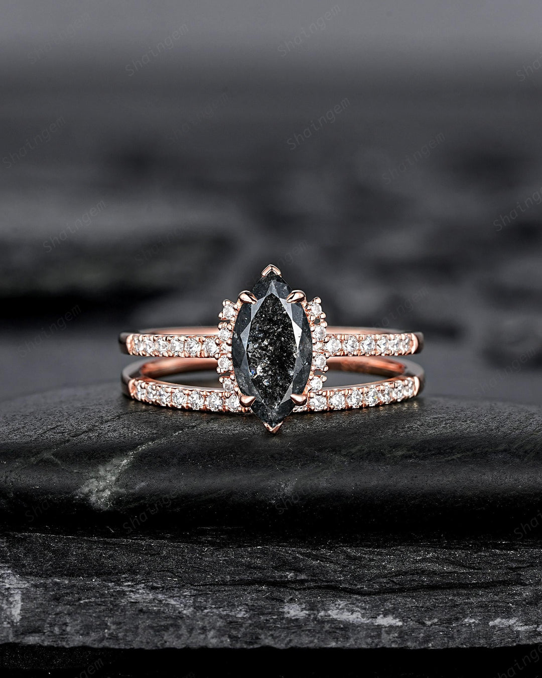 Marquise Salt and Pepper Diamond Engagement Ring Set, Solid Rose Gold Black Diamond Promise Ring, Gray Diamond Wedding Ring, Half Eternity - ShainJewelry