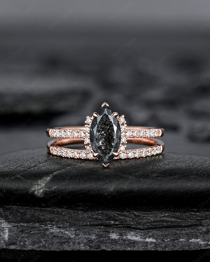 Marquise Salt and Pepper Diamond Engagement Ring Set, Solid Rose Gold Black Diamond Promise Ring, Gray Diamond Wedding Ring, Half Eternity - ShainJewelry