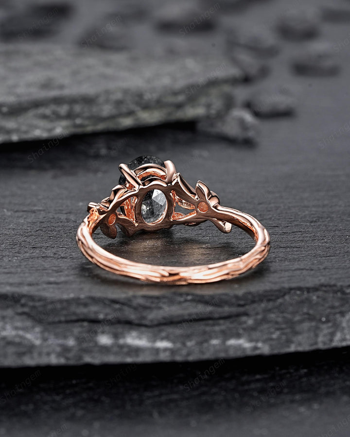 Oval Shape Salt and Pepper Diamond Engagement Ring, Solid Rose Gold Natural Black Diamond Promise Ring Gray Diamond Leaf Vine Wedding Ring - ShainJewelry