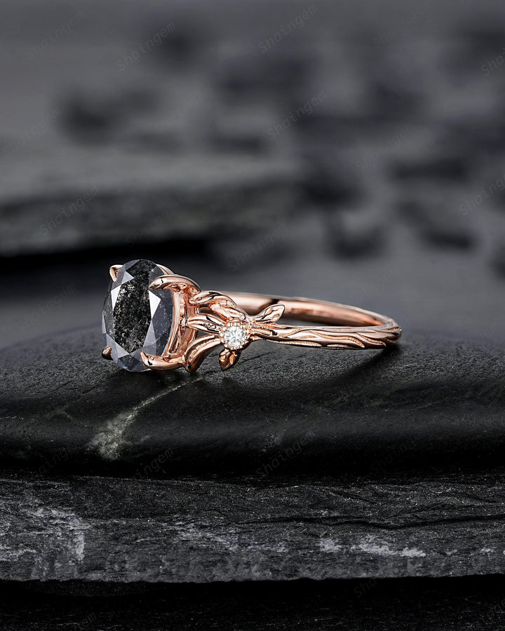 Oval Shape Salt and Pepper Diamond Engagement Ring, Solid Rose Gold Natural Black Diamond Promise Ring Gray Diamond Leaf Vine Wedding Ring - ShainJewelry