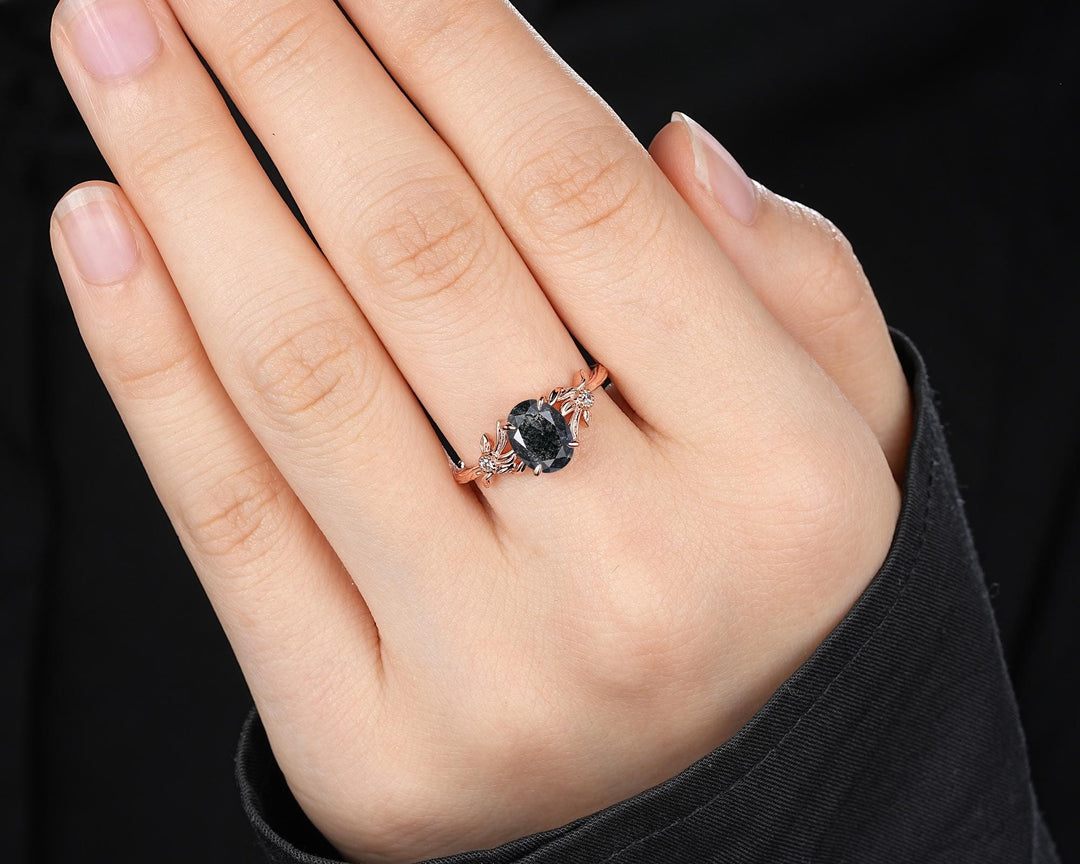 Oval Shape Salt and Pepper Diamond Engagement Ring, Solid Rose Gold Natural Black Diamond Promise Ring Gray Diamond Leaf Vine Wedding Ring - ShainJewelry
