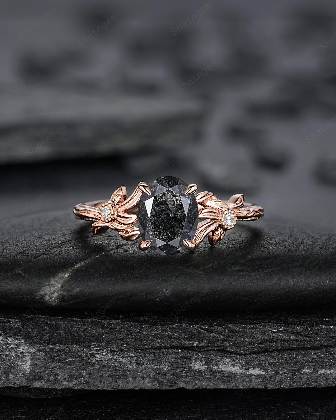 Oval Shape Salt and Pepper Diamond Engagement Ring, Solid Rose Gold Natural Black Diamond Promise Ring Gray Diamond Leaf Vine Wedding Ring - ShainJewelry