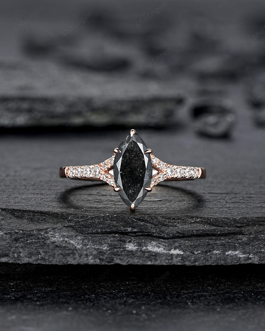 Marquise Salt and Pepper Cluster Diamond Engagement Ring, 14K 18K Rose Gold Natural Diamond Promise Ring Gift, Half Eternity Platinum Ring - ShainJewelry