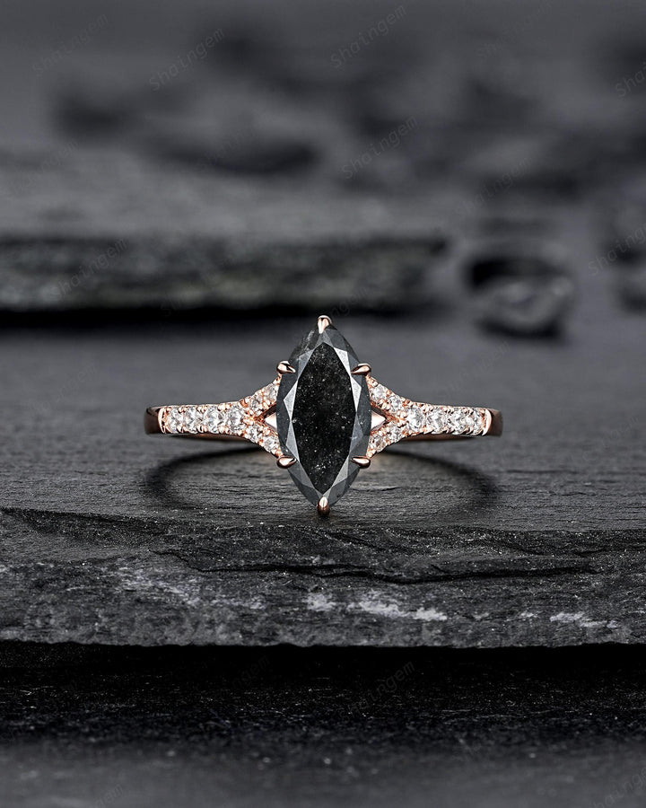 Marquise Salt and Pepper Cluster Diamond Engagement Ring, 14K 18K Rose Gold Natural Diamond Promise Ring Gift, Half Eternity Platinum Ring - ShainJewelry