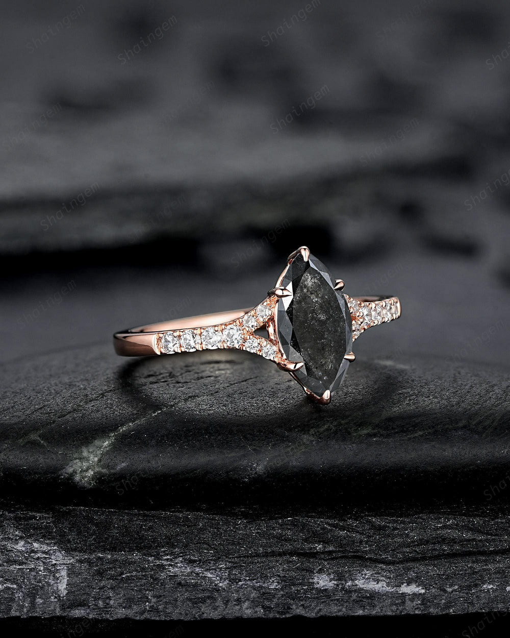 Marquise Salt and Pepper Cluster Diamond Engagement Ring, 14K 18K Rose Gold Natural Diamond Promise Ring Gift, Half Eternity Platinum Ring - ShainJewelry