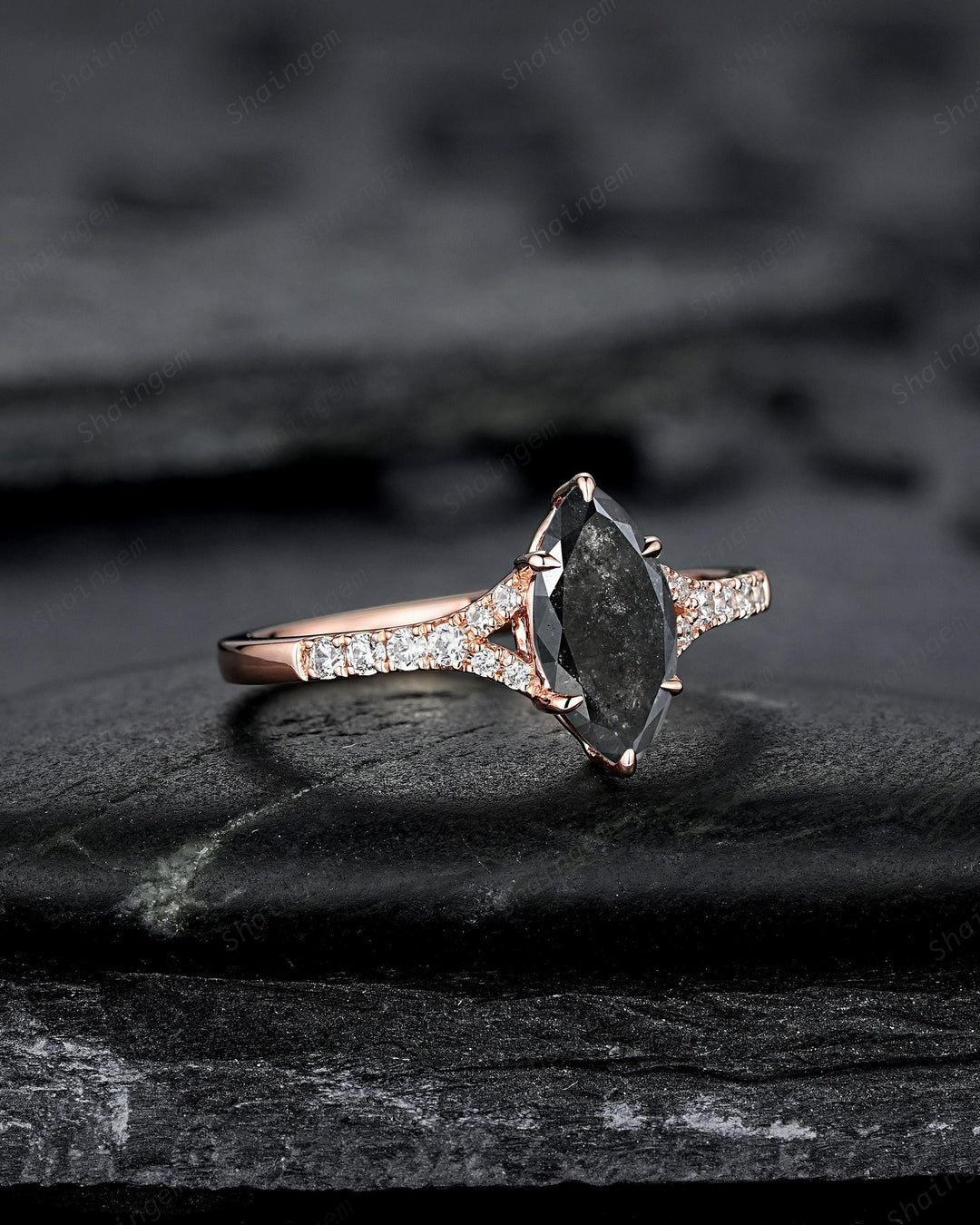 Marquise Salt and Pepper Cluster Diamond Engagement Ring, 14K 18K Rose Gold Natural Diamond Promise Ring Gift, Half Eternity Platinum Ring - ShainJewelry