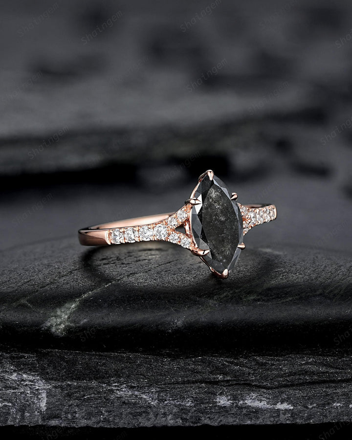 Marquise Salt and Pepper Cluster Diamond Engagement Ring, 14K 18K Rose Gold Natural Diamond Promise Ring Gift, Half Eternity Platinum Ring - ShainJewelry