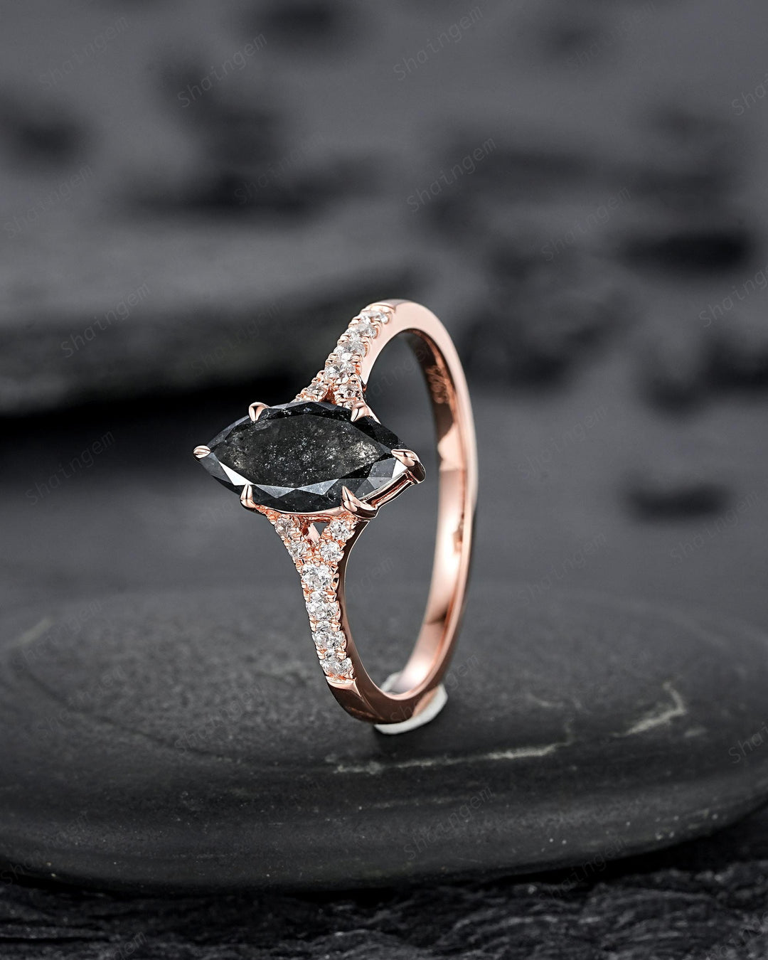 Marquise Salt and Pepper Cluster Diamond Engagement Ring, 14K 18K Rose Gold Natural Diamond Promise Ring Gift, Half Eternity Platinum Ring - ShainJewelry