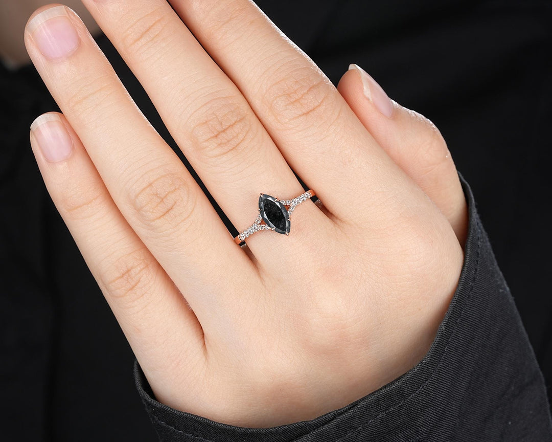 Marquise Salt and Pepper Cluster Diamond Engagement Ring, 14K 18K Rose Gold Natural Diamond Promise Ring Gift, Half Eternity Platinum Ring - ShainJewelry