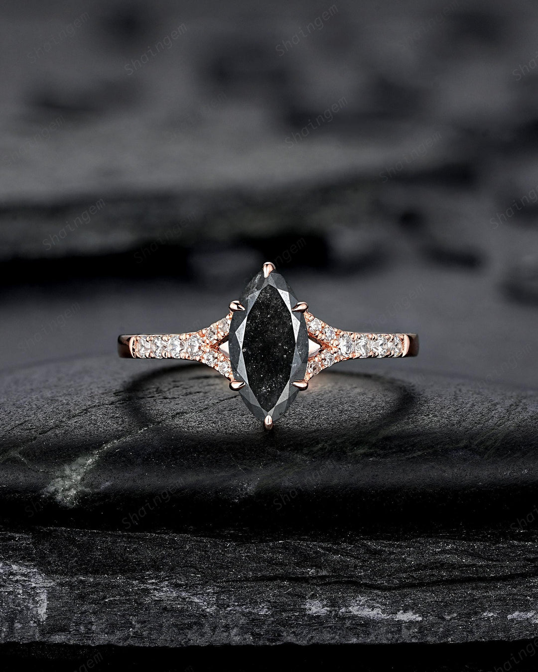 Marquise Salt and Pepper Cluster Diamond Engagement Ring, 14K 18K Rose Gold Natural Diamond Promise Ring Gift, Half Eternity Platinum Ring - ShainJewelry