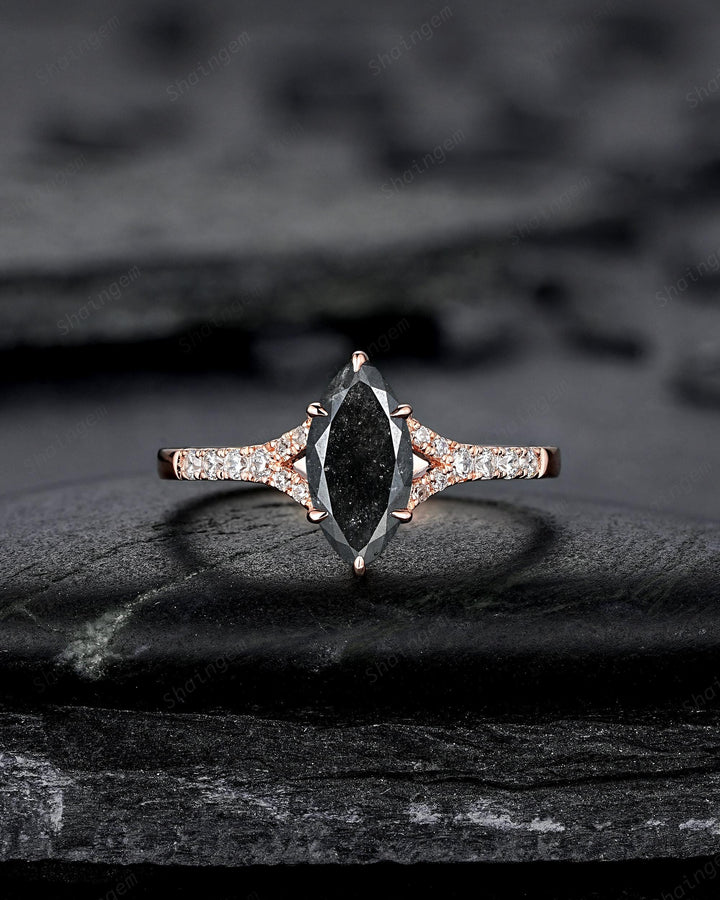 Marquise Salt and Pepper Cluster Diamond Engagement Ring, 14K 18K Rose Gold Natural Diamond Promise Ring Gift, Half Eternity Platinum Ring - ShainJewelry
